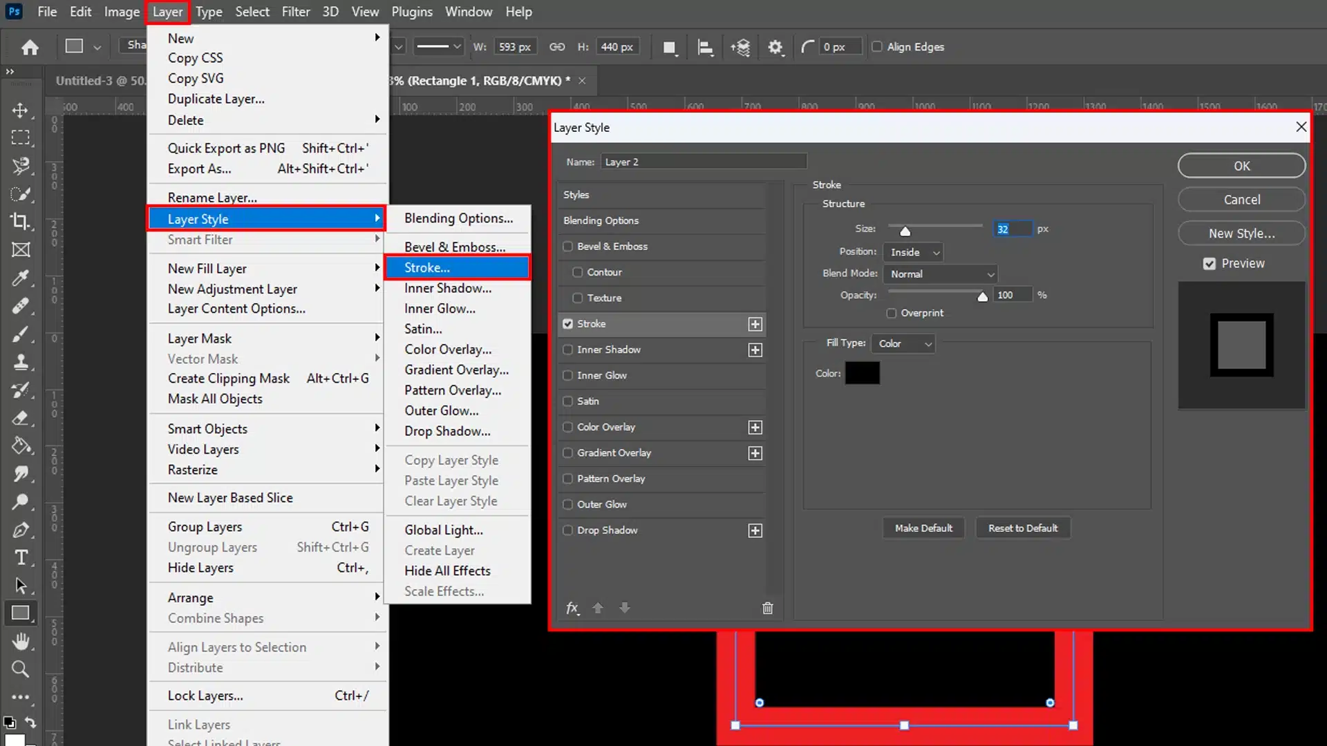 Adjusting outline preferences in the Layer Style dialog box in Ps