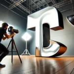 A photographer capturing an image of a large, metallic letter "T" in a professional studio setup, demonstrating a metallic text effect created in Photoshop.