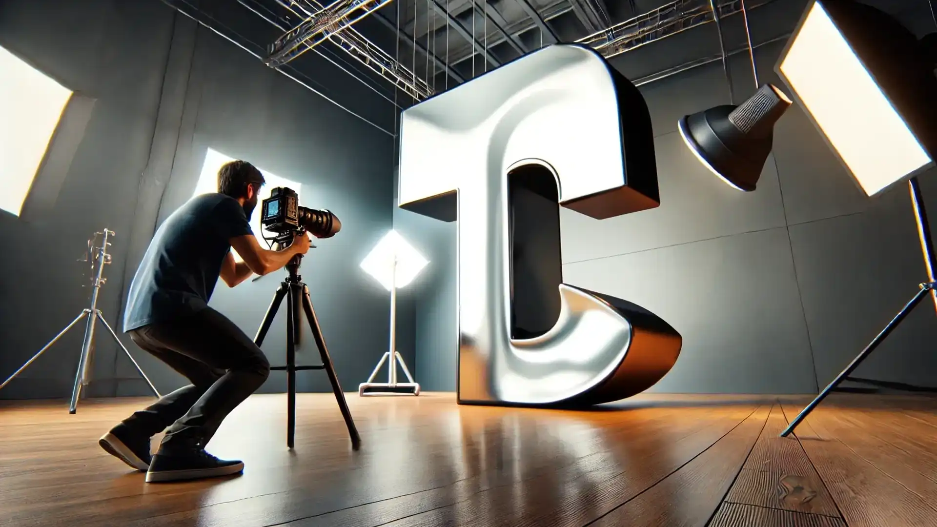 A photographer capturing an image of a large, metallic letter "T" in a professional studio setup, demonstrating a metallic text effect created in Photoshop.