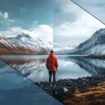 A landscape photograph featuring a person in a red jacket standing by a lake, surrounded by snow-covered mountains. The image is divided into two parts, showing a before and after comparison of photo refinement in Lightroom, with enhanced colors and contrast.