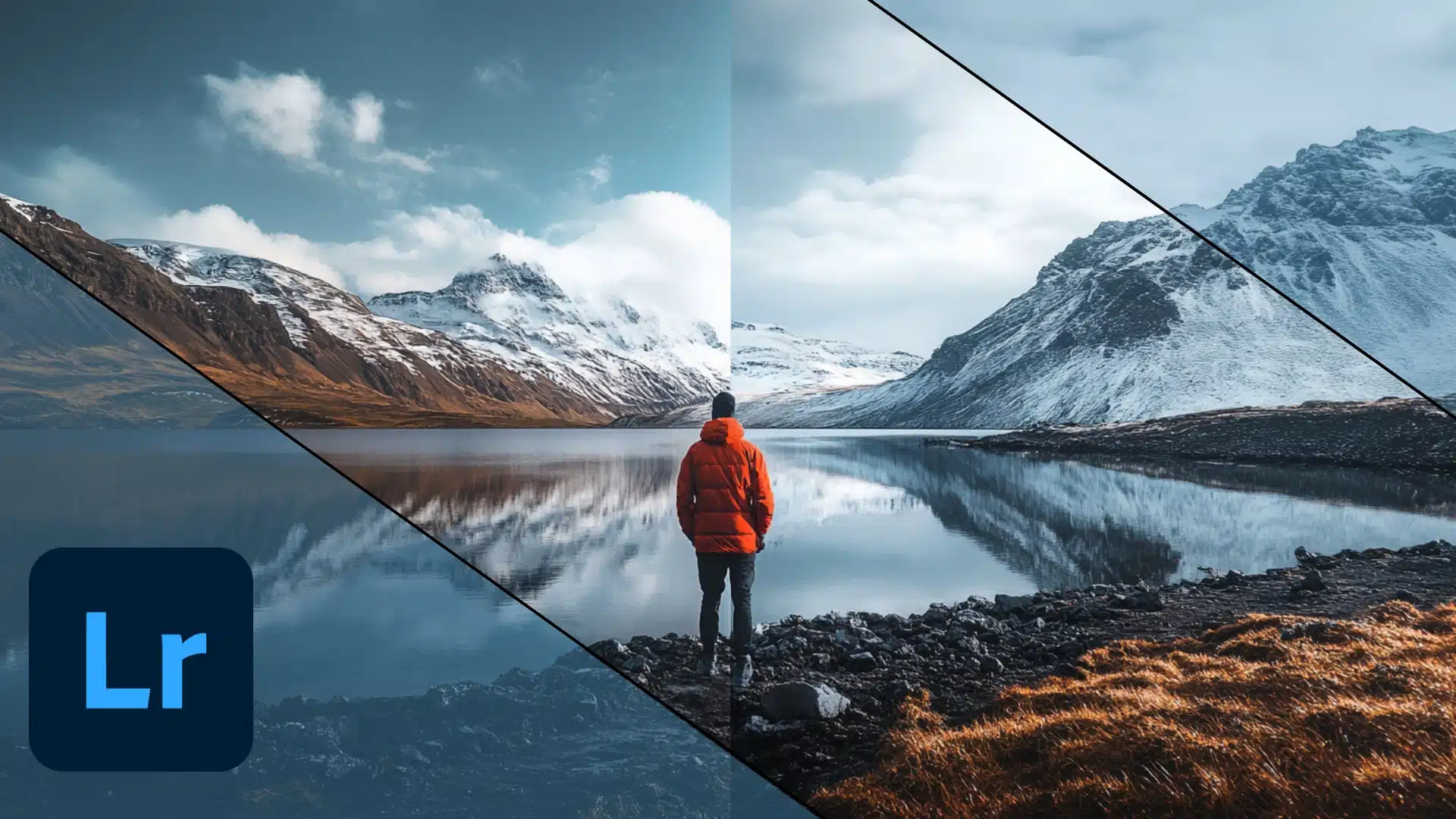 A landscape photograph featuring a person in a red jacket standing by a lake, surrounded by snow-covered mountains. The image is divided into two parts, showing a before and after comparison of photo refinement in Lightroom, with enhanced colors and contrast.