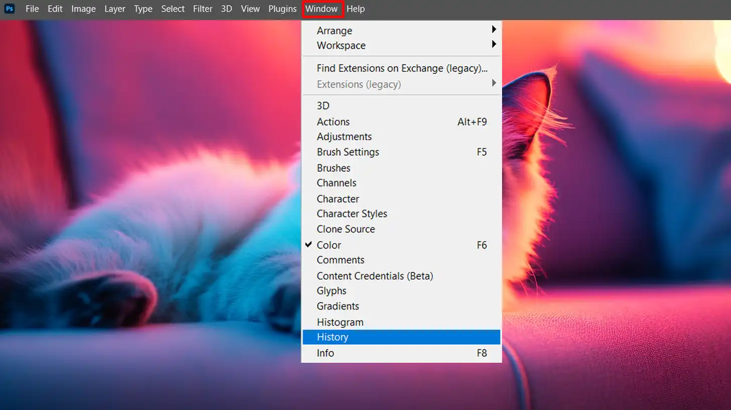Accessing the history panel in Ps to track and reverse commands