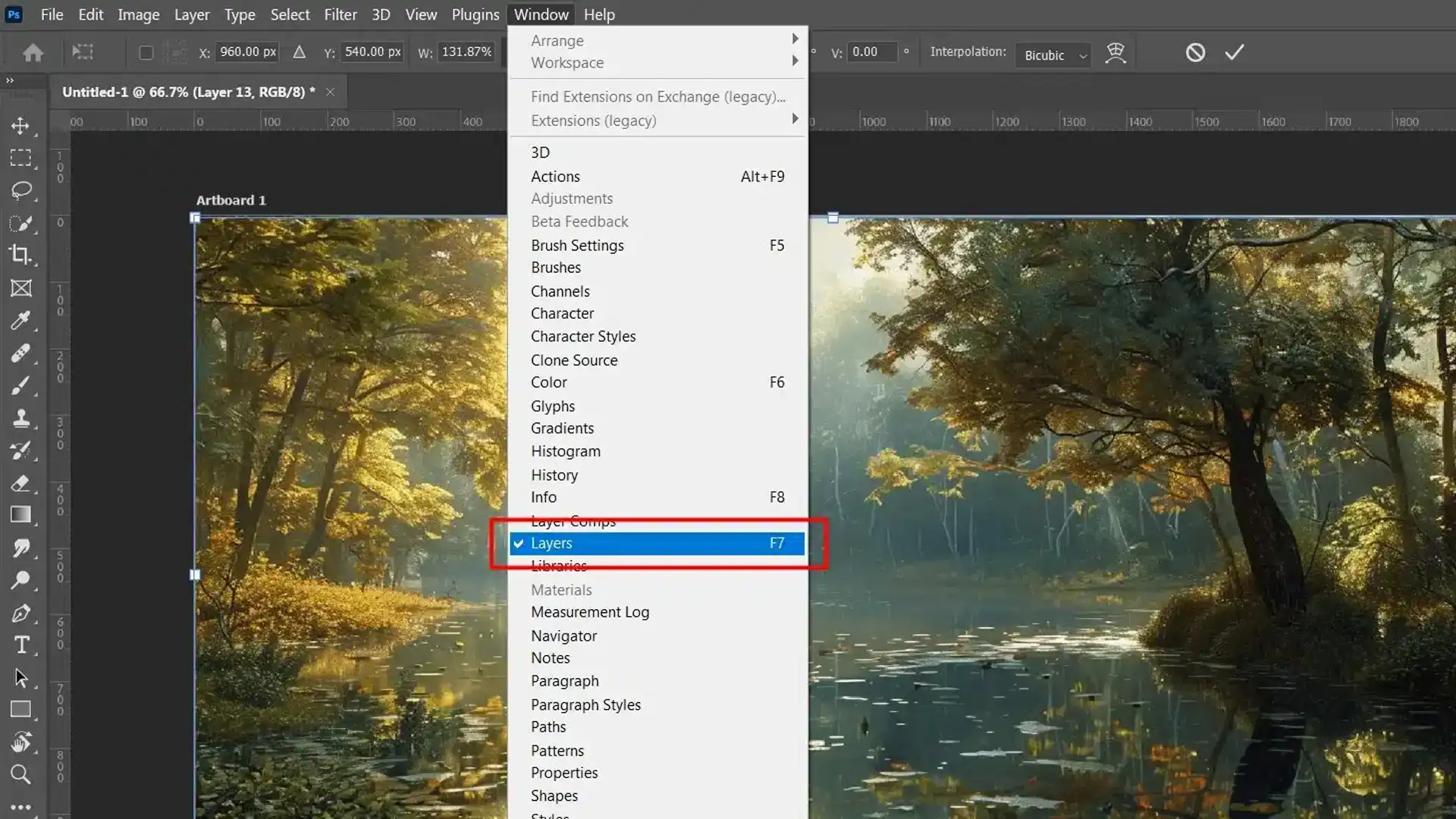 Photoshop interface showing the Layers panel activated through the Window menu