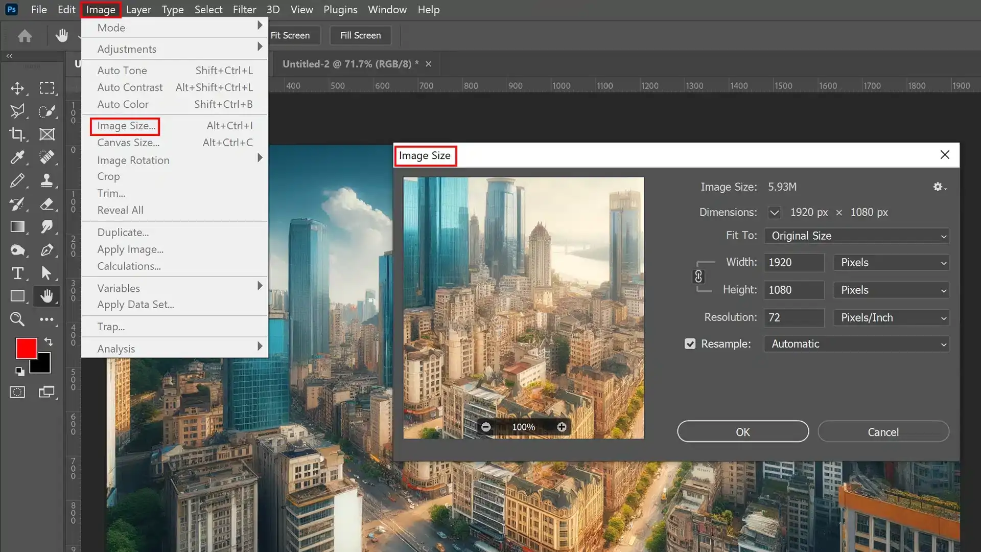 A screenshot of PS showing the Image menu open with the Image Size dialog box active, overlaid on an image of a modern cityscape with tall buildings and a clear sky.