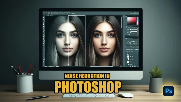 A computer screen displaying Adobe Photoshop in use, showing a side-by-side comparison of a portrait of a girl. The left side is noisy, and the right side is clear, representing the effect of noise reduction.