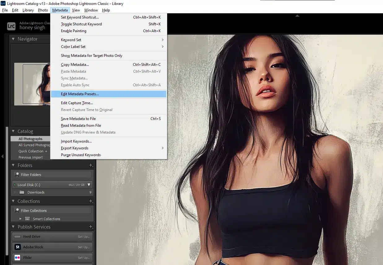 This interface showing Metadata menu open and the 'Edit Metadata Presets' option highlighted, alongside a photo of a woman in a black top.