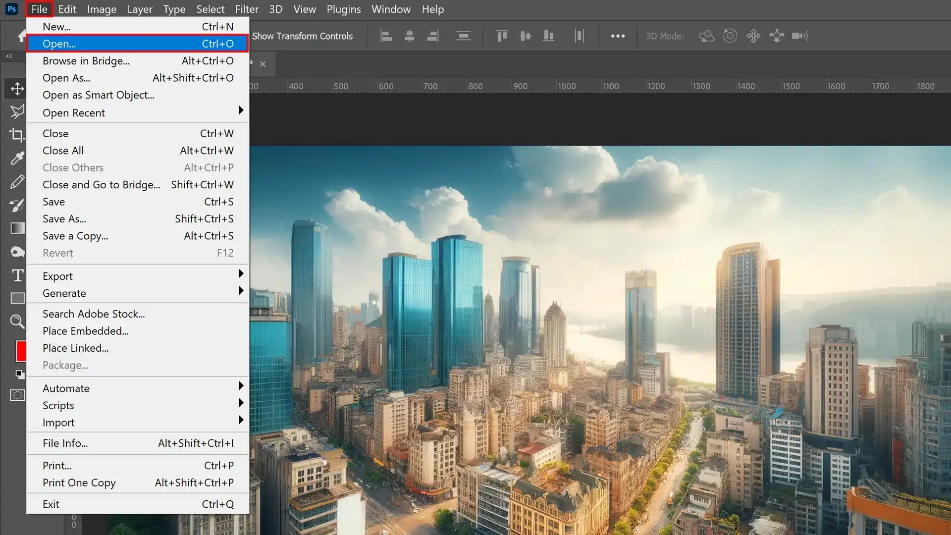 A screenshot of Photoshop showing the File menu open with an option to open a new file, overlaid on an image of a modern cityscape with tall buildings and a clear sky.