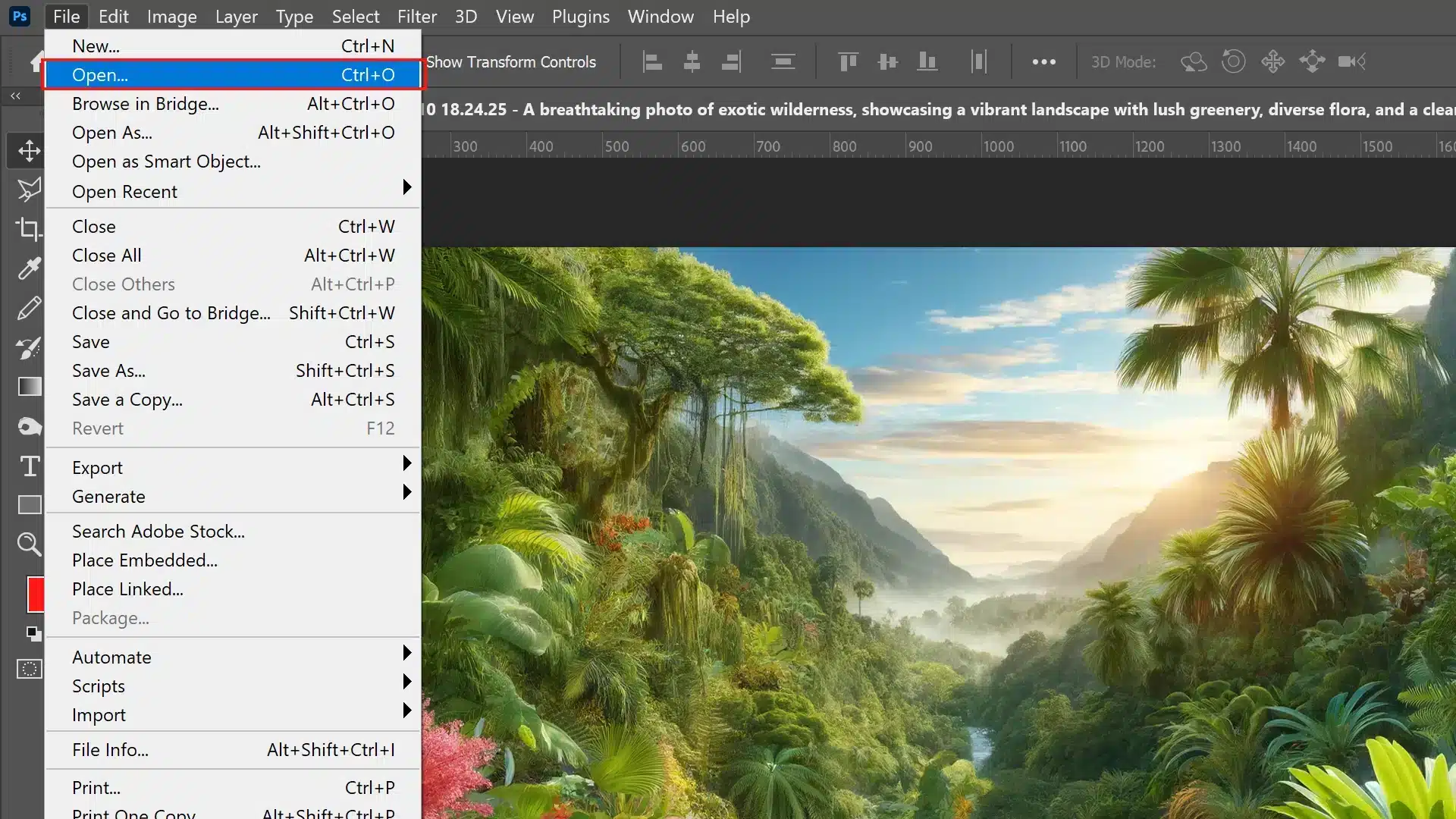 A breathtaking photo of exotic wilderness, showcasing a vibrant landscape with lush greenery, diverse flora, and a clear sky. The 'File' menu is open, highlighting the 'Open...' option.