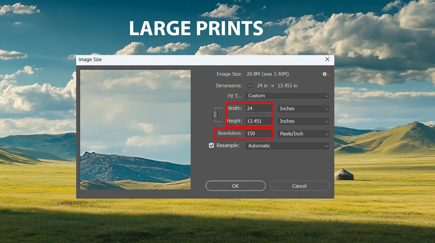 Setting optimal DPI for large imprints like posters in Ps