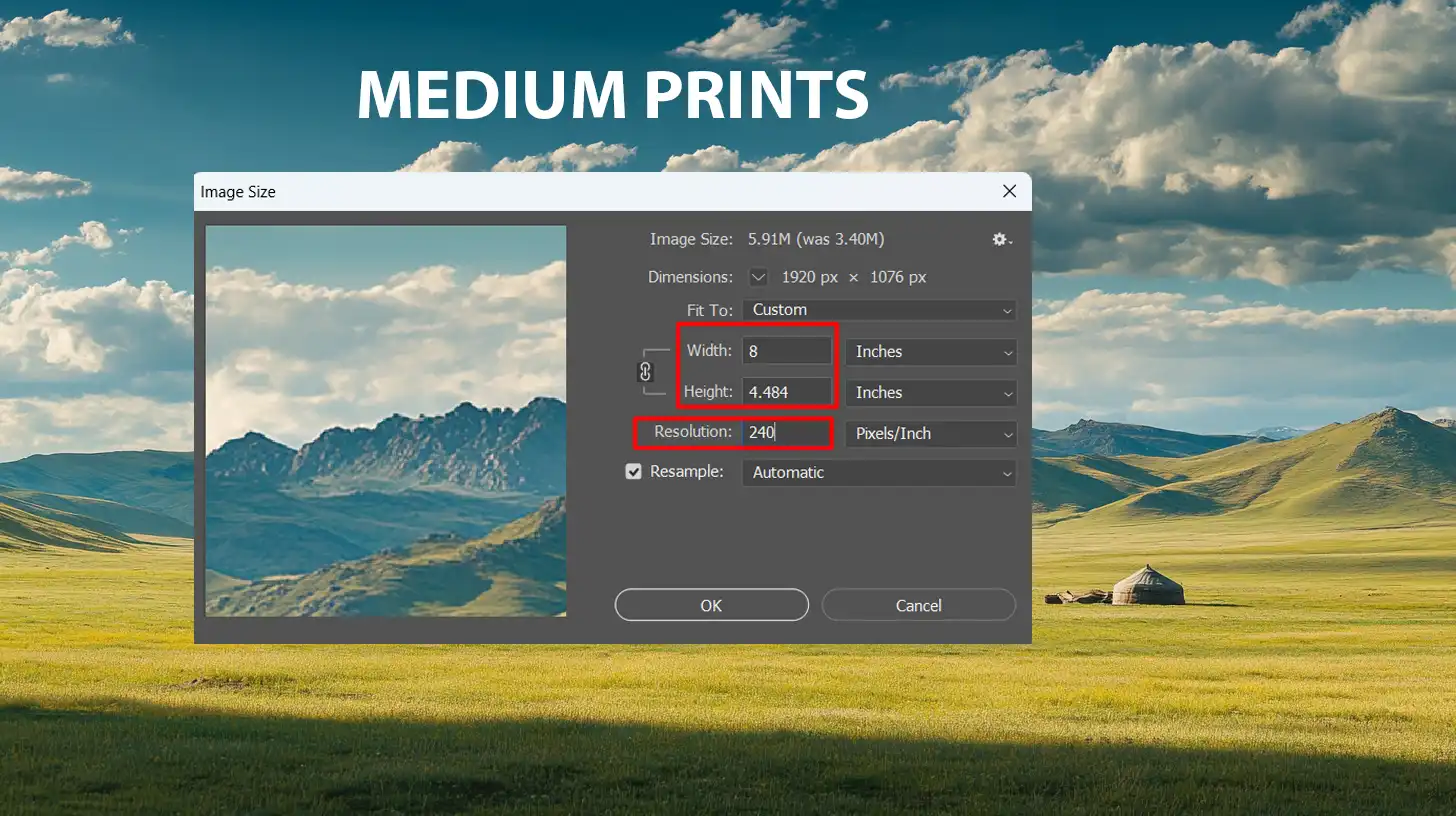 Setting optimal DPI for medium imprints like 8x10 inches in Ps