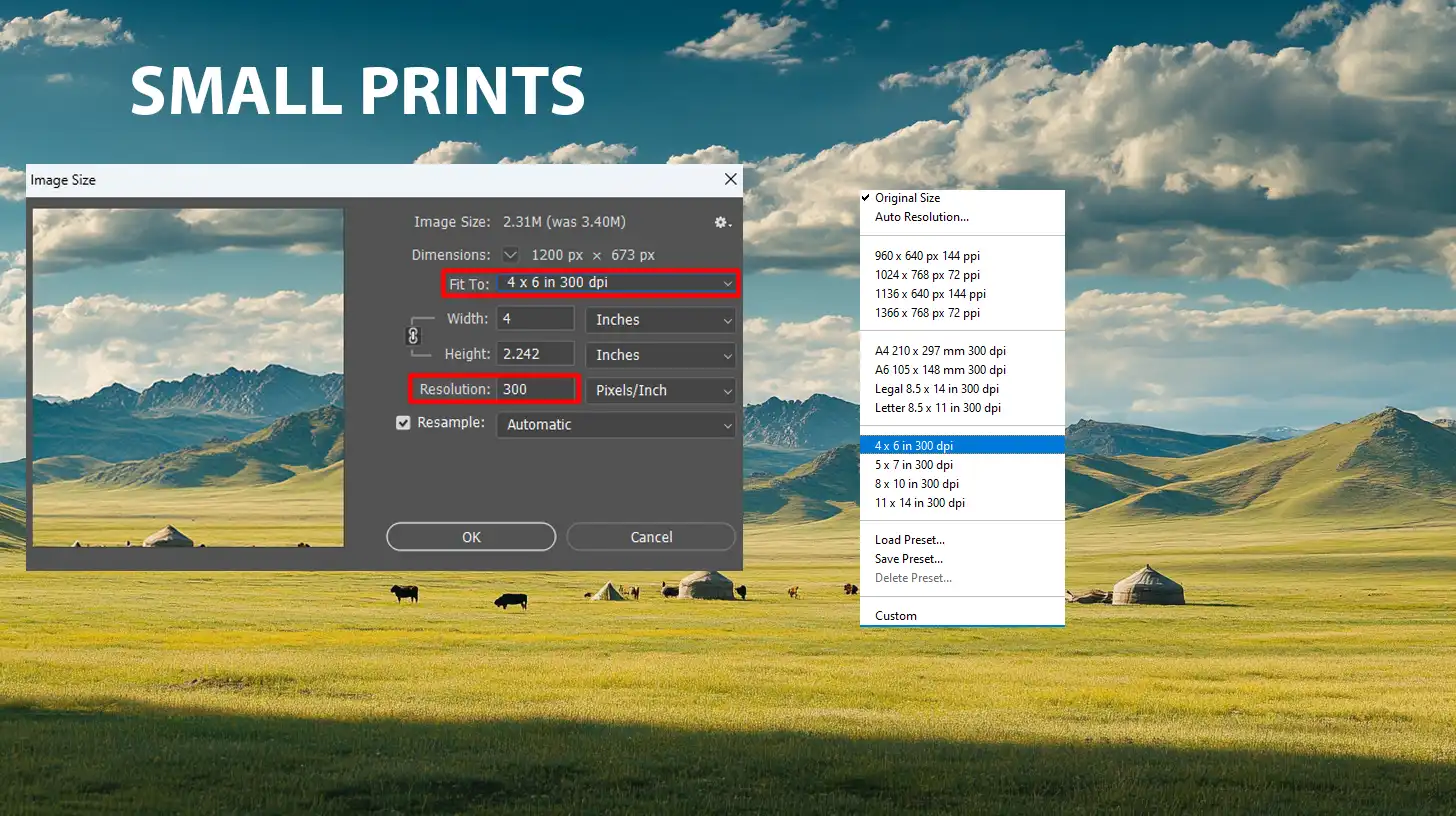 Setting optimal DPI for small prints like 4x6 inches in Ps