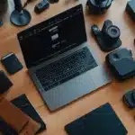 A top-down view of a workspace filled with photography equipment, laptops, cameras, and accessories, highlighting the essential tools needed for photo editing and creative workflows.