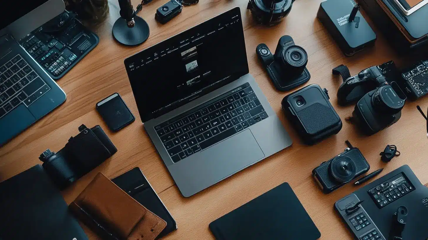 A top-down view of a workspace filled with photography equipment, laptops, cameras, and accessories, highlighting the essential tools needed for photo editing and creative workflows.