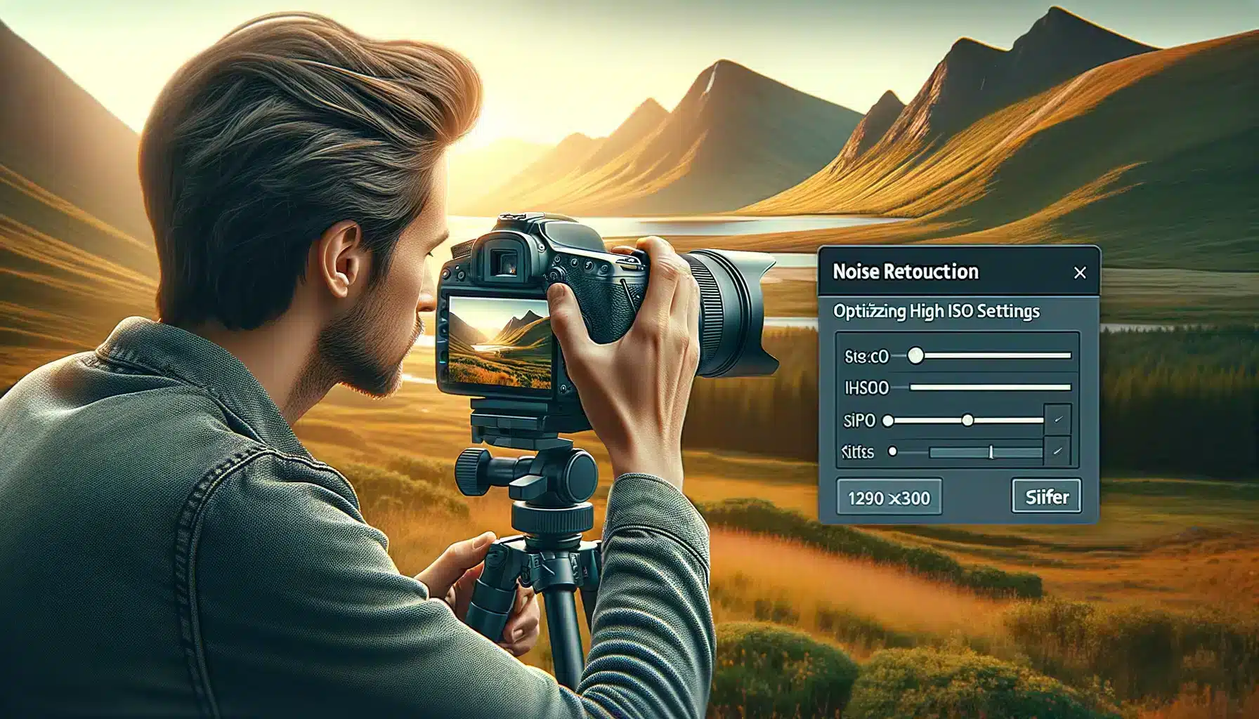 Photographer adjusting high ISO settings on a DSLR camera, capturing a scenic landscape with rolling hills and distant mountains.