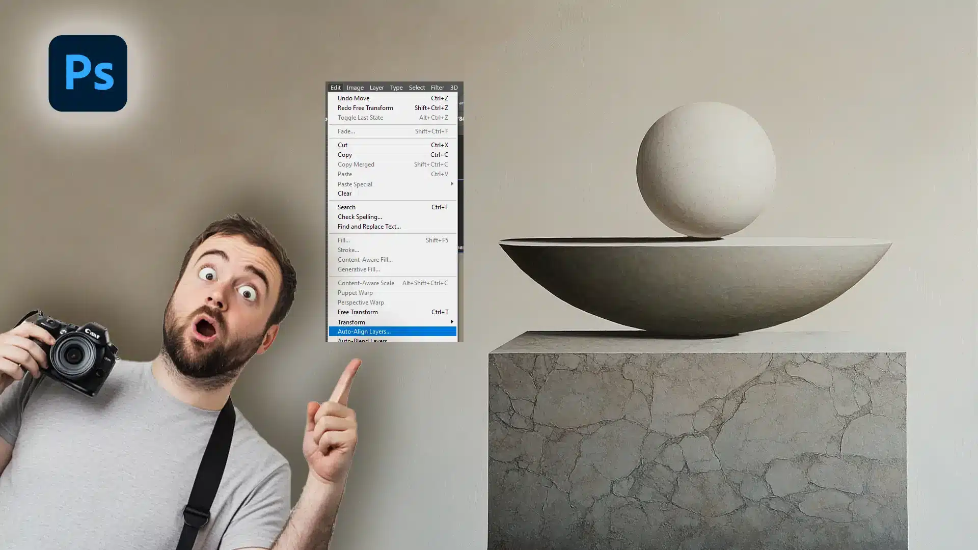 A surprised man holding a camera points to the Photoshop menu displaying the "Auto-Align Layers" option. A minimalist sculpture with a spherical object balanced on a half-bowl is in the background.
