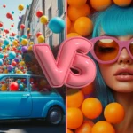 Comparison of Photoshop Elements and Lightroom illustrated with colorful images, showing a street filled with balloons edited in Photoshop Elements and a close-up portrait with vibrant colors edited in Lightroom.