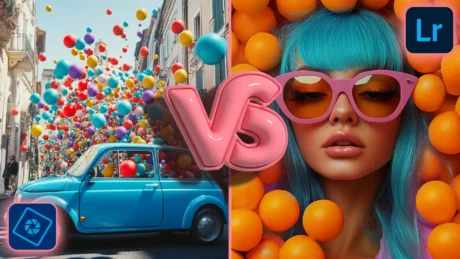 Comparison of Photoshop Elements and Lightroom illustrated with colorful images, showing a street filled with balloons edited in Photoshop Elements and a close-up portrait with vibrant colors edited in Lightroom.