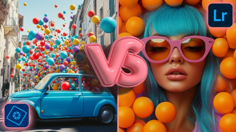 Comparison of Photoshop Elements and Lightroom illustrated with colorful images, showing a street filled with balloons edited in Photoshop Elements and a close-up portrait with vibrant colors edited in Lightroom.