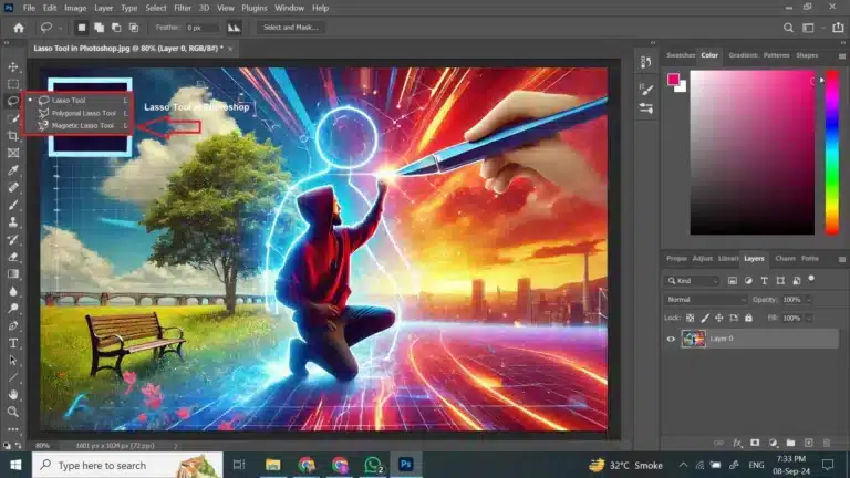 Screenshot of Photoshop with the Lasso Tool selected, showcasing an image of a person using a digital tool to highlight a part of the scene.