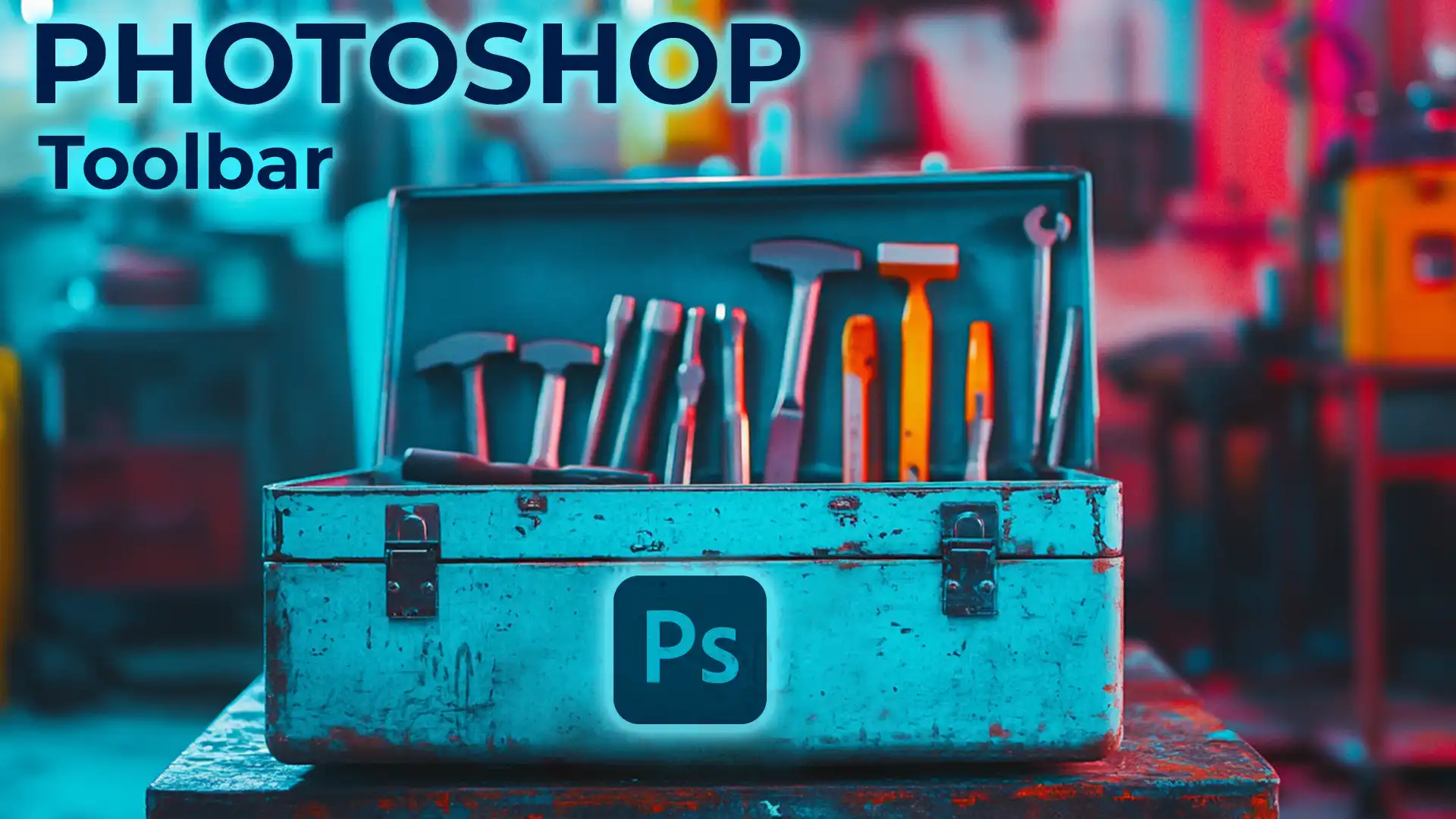 An open metal toolbox filled with various hand tools, with a Photoshop icon prominently displayed on the front, representing the diverse tools available in Adobe Photoshop's toolbar for editing and design.