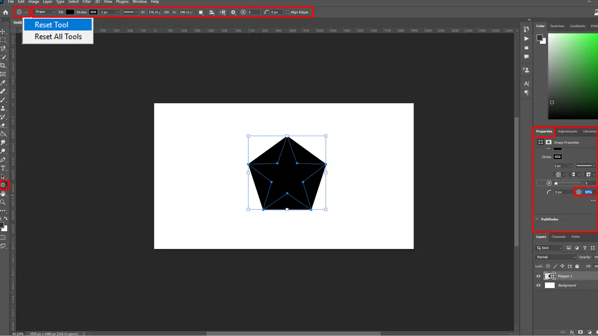 Polygon Tool being reset in Ps with a pentagon shape selected