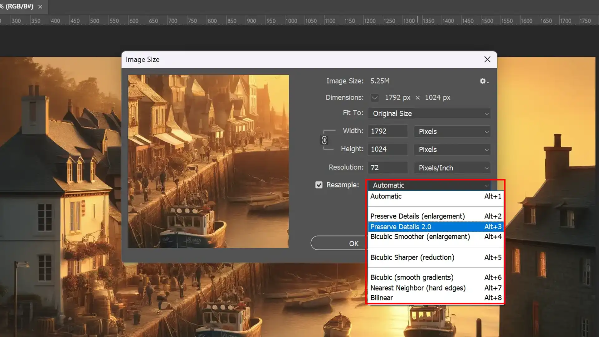 Ps interface screenshot of the Image Size dialog with the 'Preserve Details' reformating option and a seaside village scene.