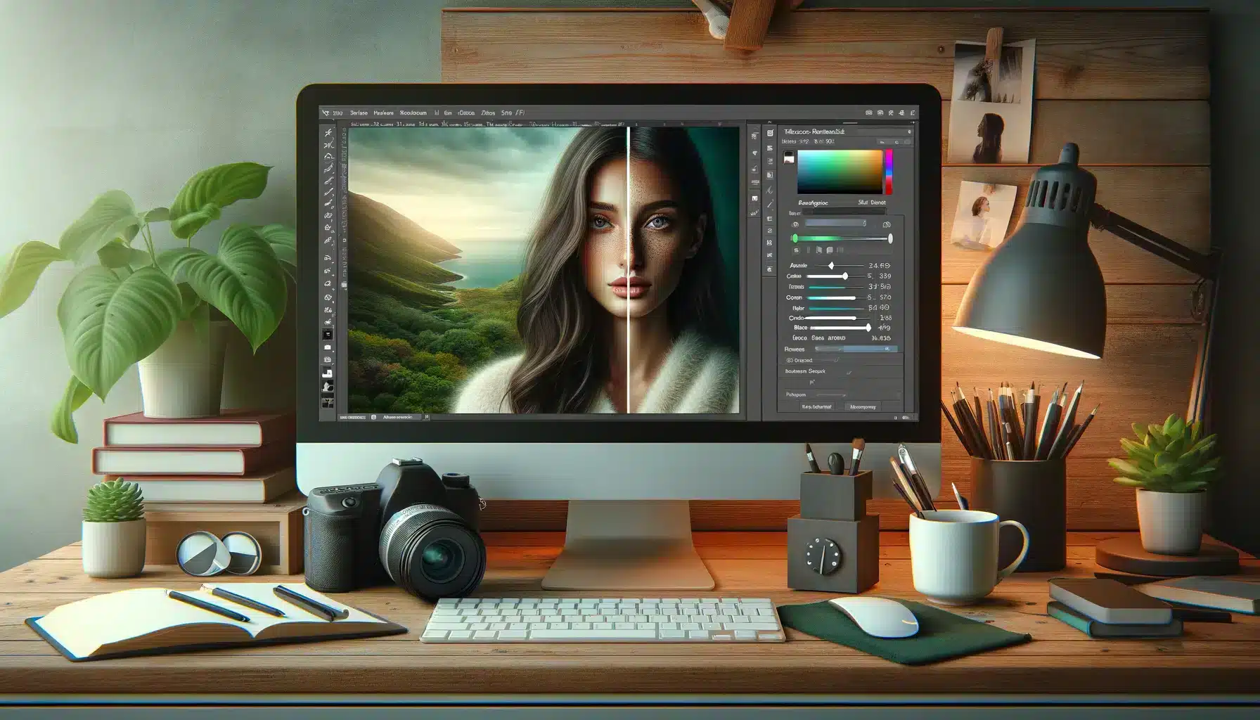 A serene photo editing workspace featuring a computer screen displaying Adobe Photoshop's noise reduction tools. On the screen, there's a half-split photo of a woman where one side is noisy, and the other side is clear. Beside the computer, a camera, a coffee cup, and photography-related books create a creative and productive environment.