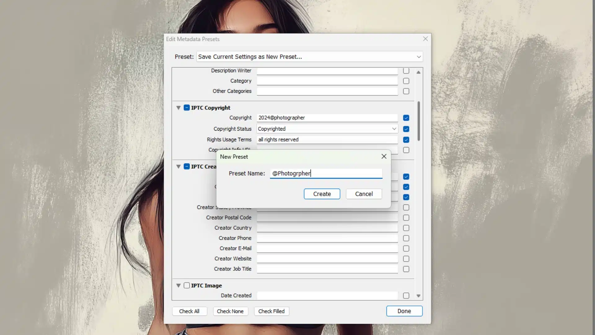 Metadata Preset editor showing a dialog box to save a new preset with information filled out.