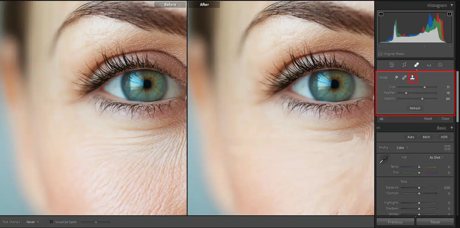 Close-up before and after comparison of an eye in Lightroom Classic, showcasing the reduction of wrinkles using the Spot Removal Tool with settings visible.