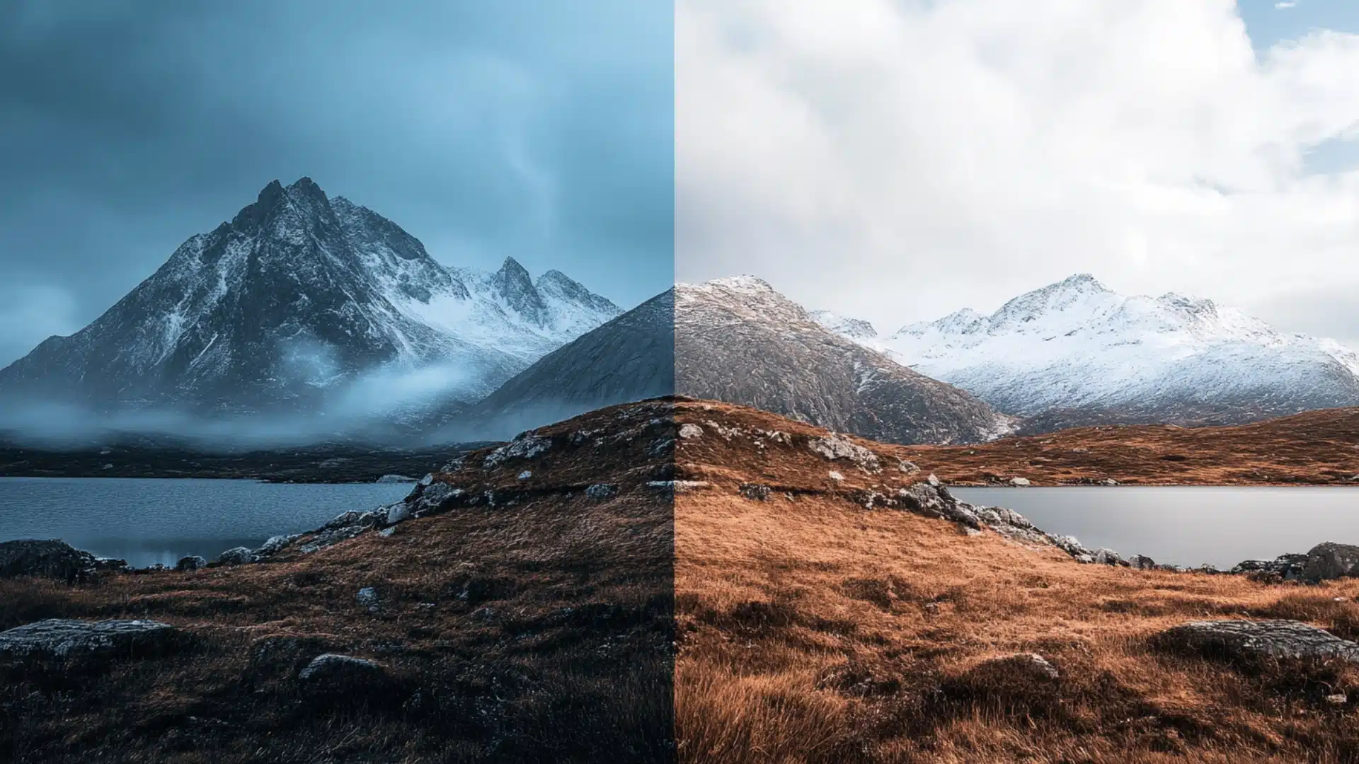 A side-by-side comparison of a mountain landscape, showing the effects of photo refinement in Adobe Lightroom. The left side has cooler tones and lower contrast, while the right side displays warmer tones and enhanced contrast.