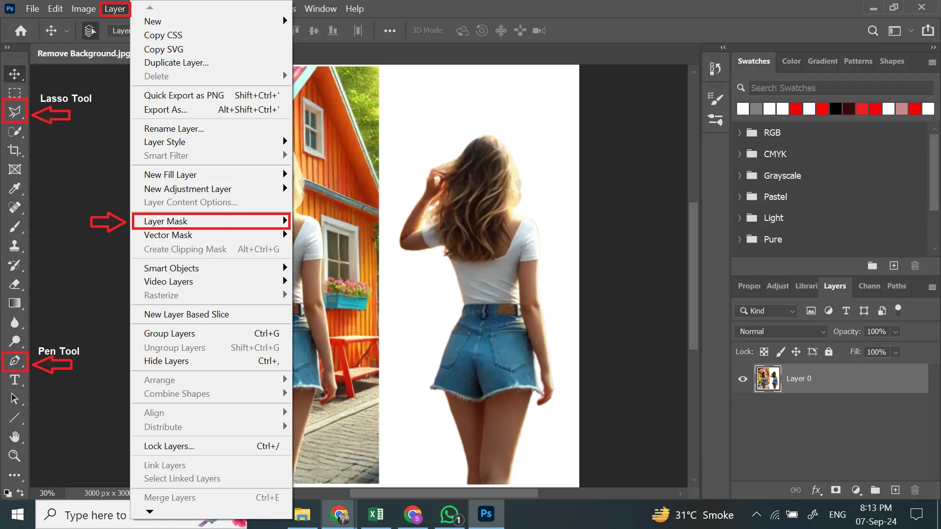 Screenshot of Photoshop with the Layer Mask tool being used to How to Remove Background in Photoshop from an image of a woman in denim shorts.