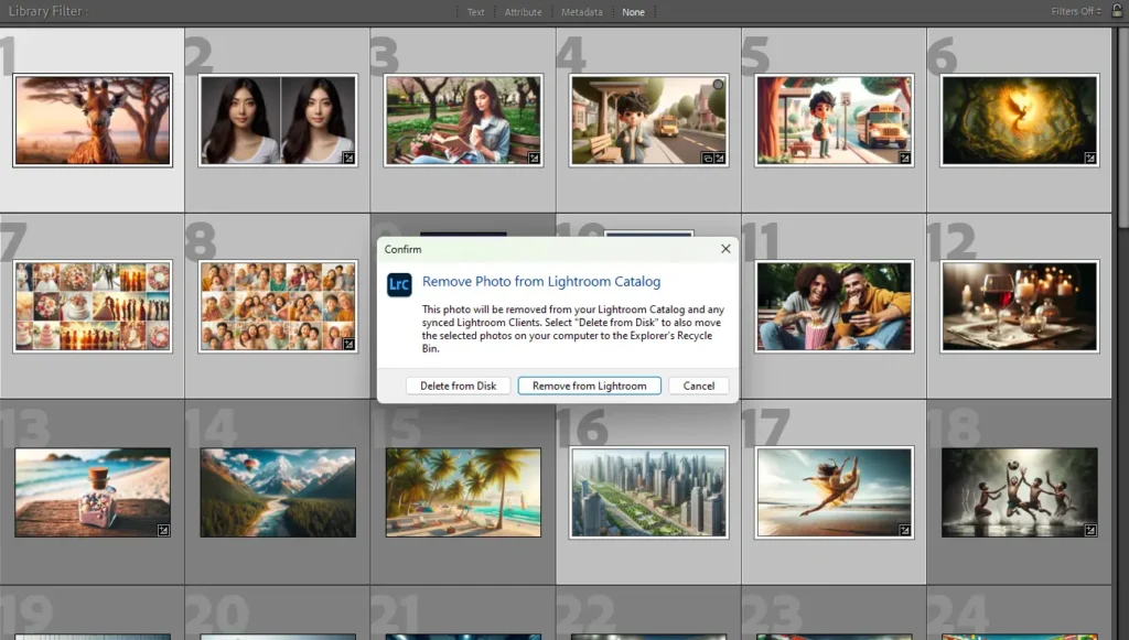 A screenshot of Adobe Lightroom Classic's Library Module showing a grid of multiple selected photos with a confirmation dialog box asking to either delete the photos from the disk or remove them from Lightroom.