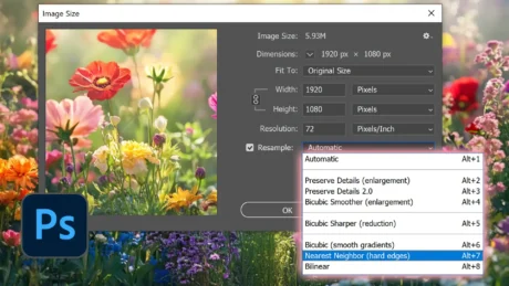 A screenshot of Photoshop's Image Size dialog box showing various resampling options like 'Nearest Neighbor' and 'Bicubic Sharper,' with a vibrant image of flowers in the background.