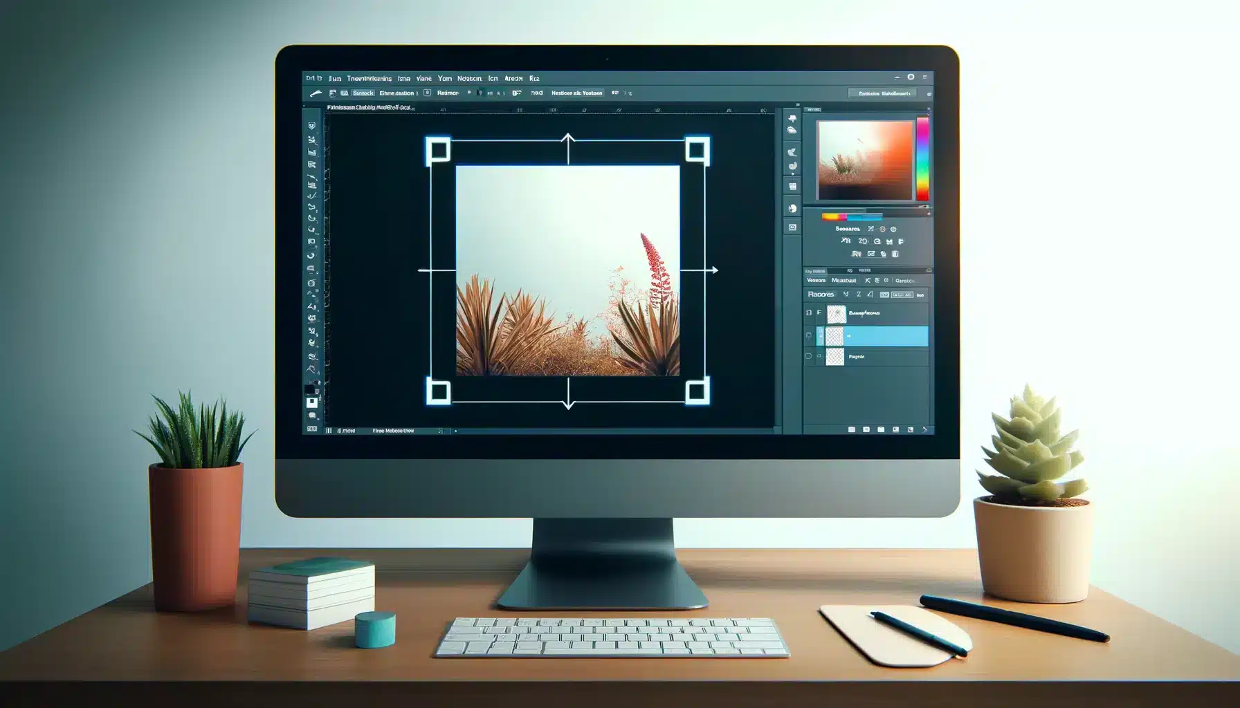 A computer screen displaying a photo being transformed using the transform tool. The photo is selected with visible corner and side handles, indicating scaling in progress.