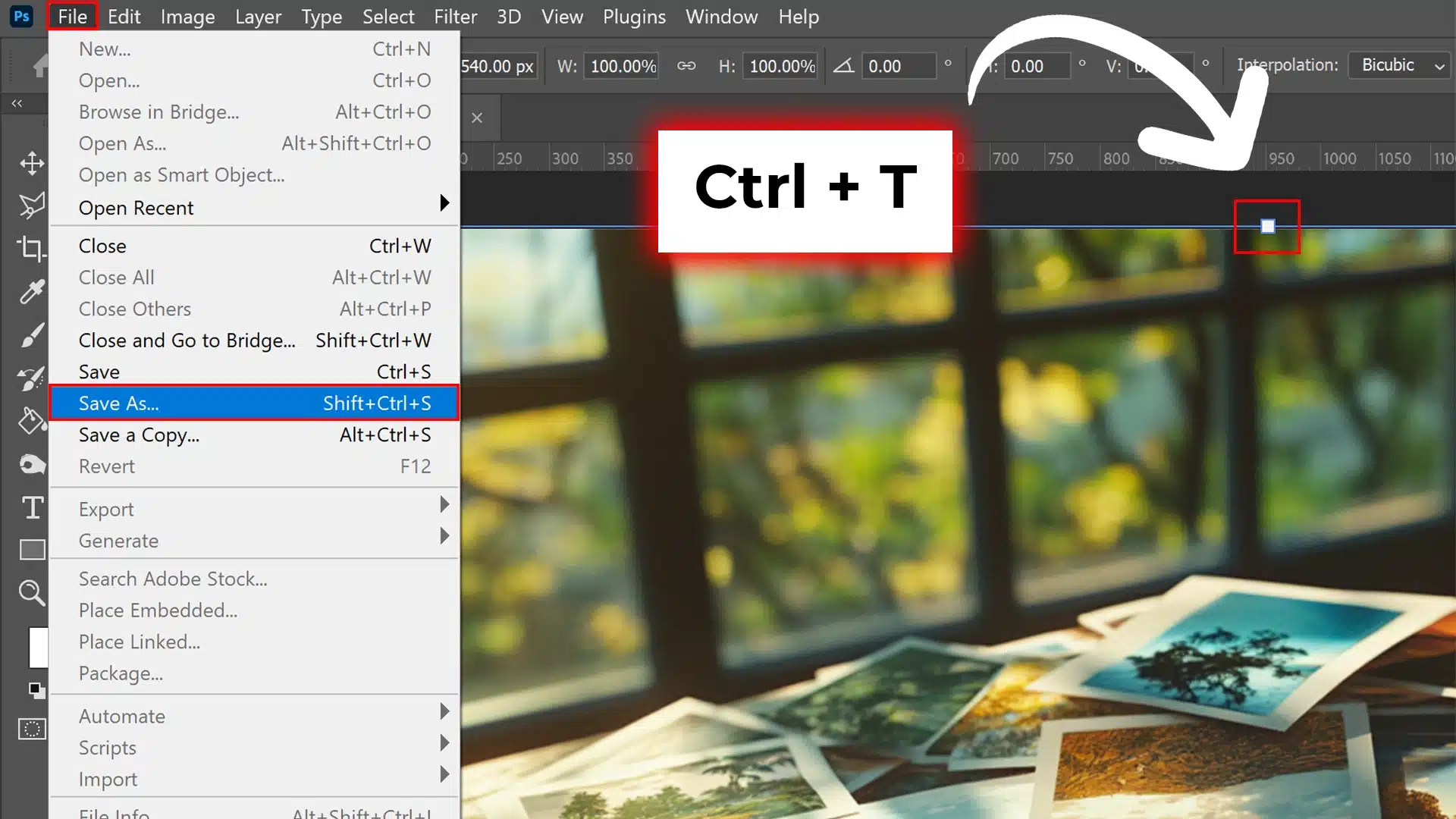 Screenshot of Photoshop interface showing how to access the Free Transform tool and the 'Save As' option in the File menu.