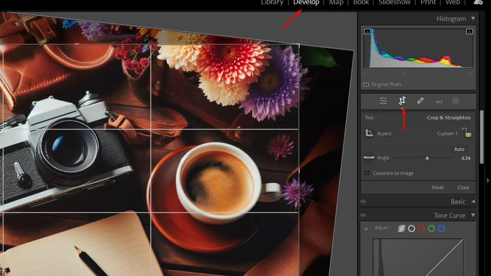 Lightroom Classic Develop Module interface showing the Crop & Straighten tool in use, rotating a photo of a vintage camera and coffee.