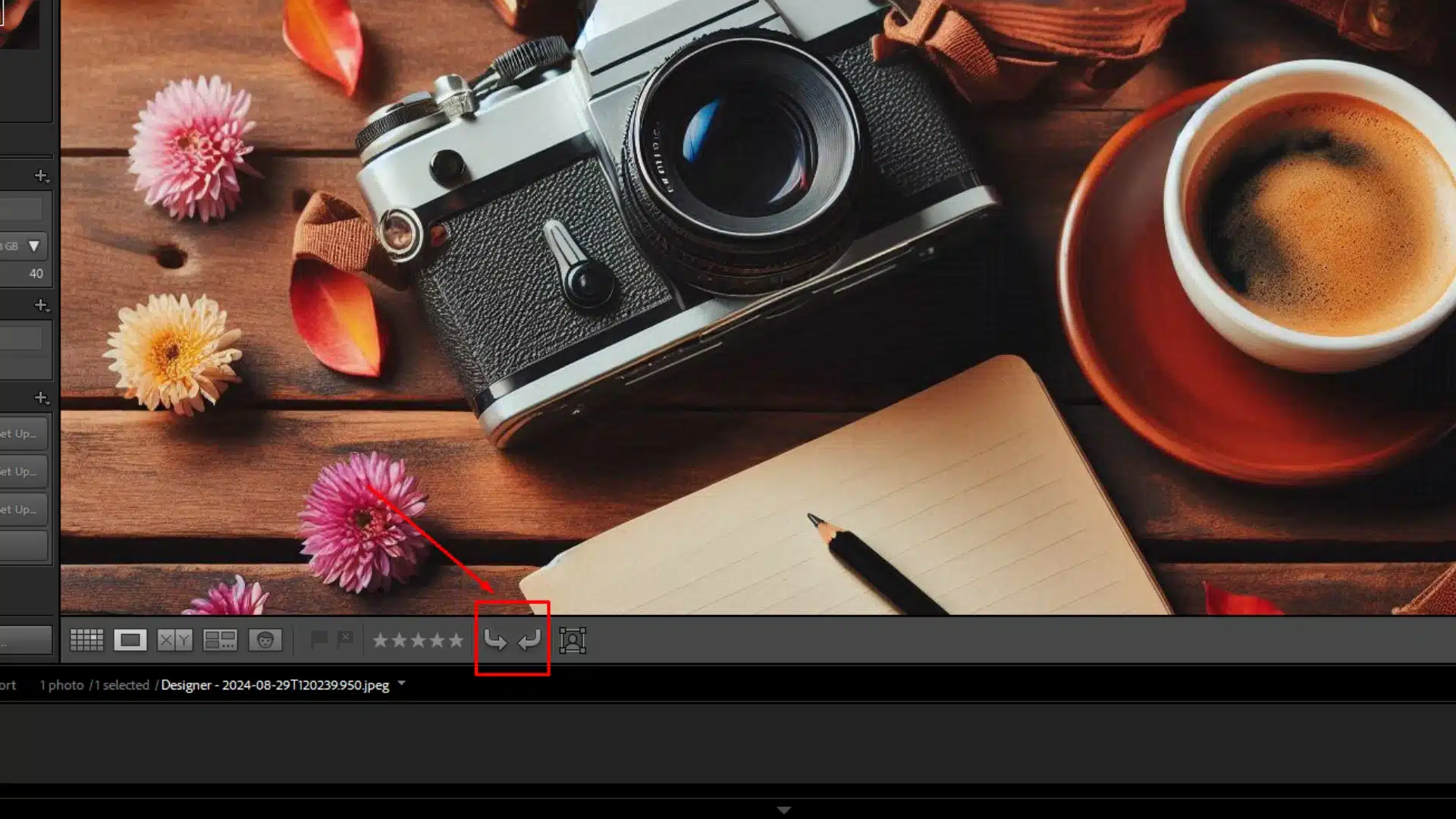 Lightroom Classic Library Module interface displaying the rotate photo option highlighted below a vintage camera and coffee scene.