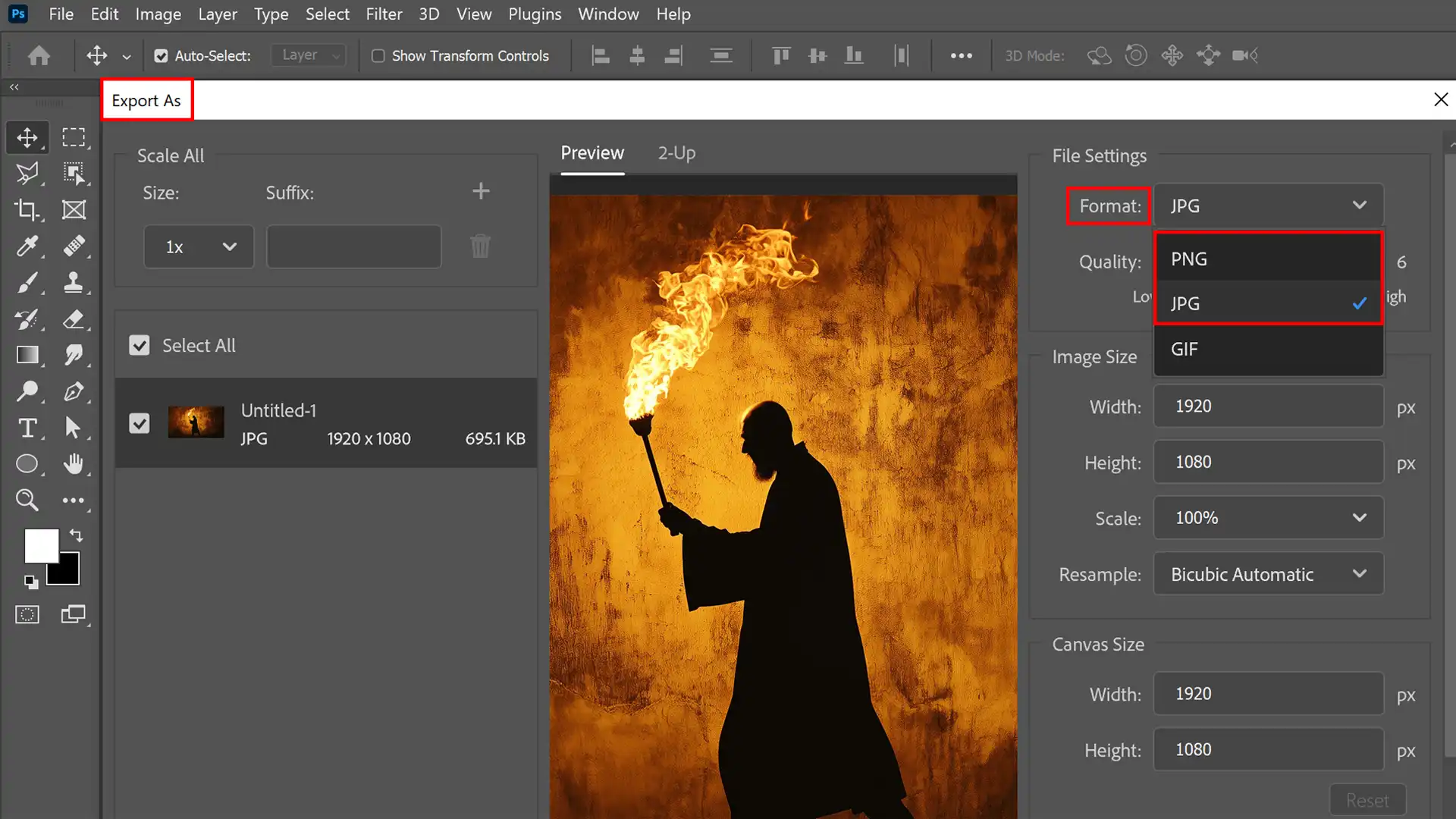 Photoshop Export As dialog box showing different file format options for saving a fire-themed design.