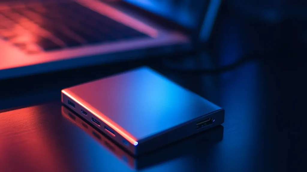 A sleek external storage drive illuminated by blue and red ambient lighting, placed next to a laptop, illustrating the importance of reliable storage solutions in managing large photo libraries.