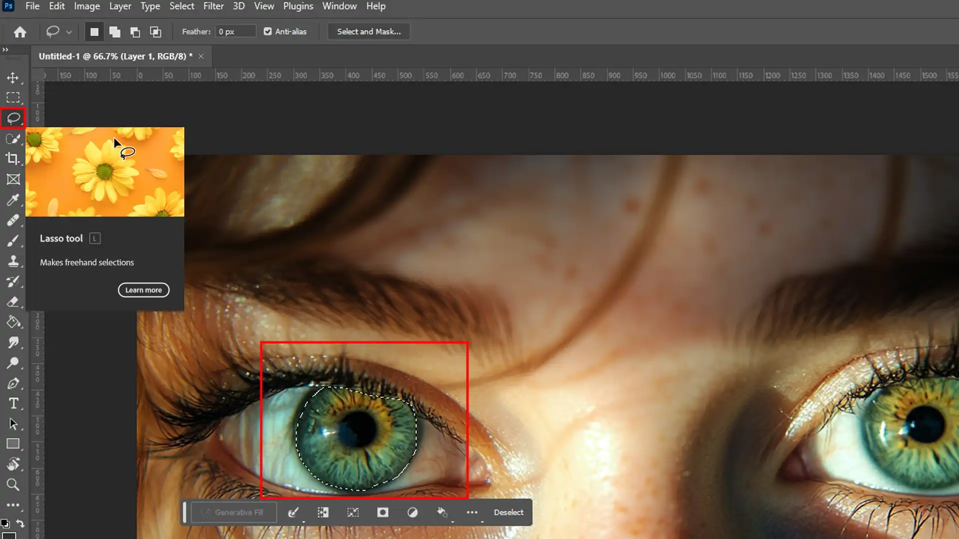 Selecting the eye area with the Lasso tool in Photoshop.