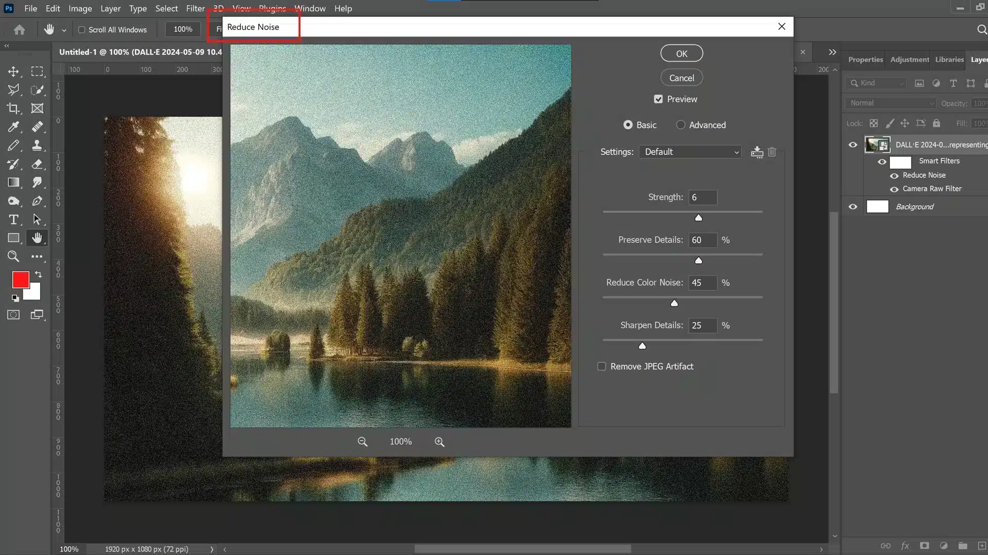 A Photoshop window showing the 'Reduce Noise' filter dialog open for editing a noisy landscape photograph.