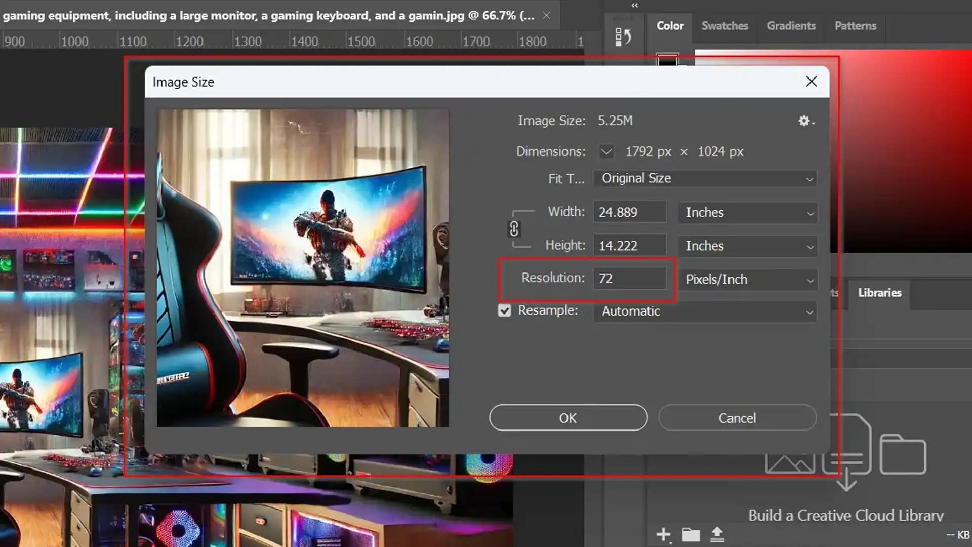 Photoshop interface displaying the image size settings dialog box with resolution settings highlighted.