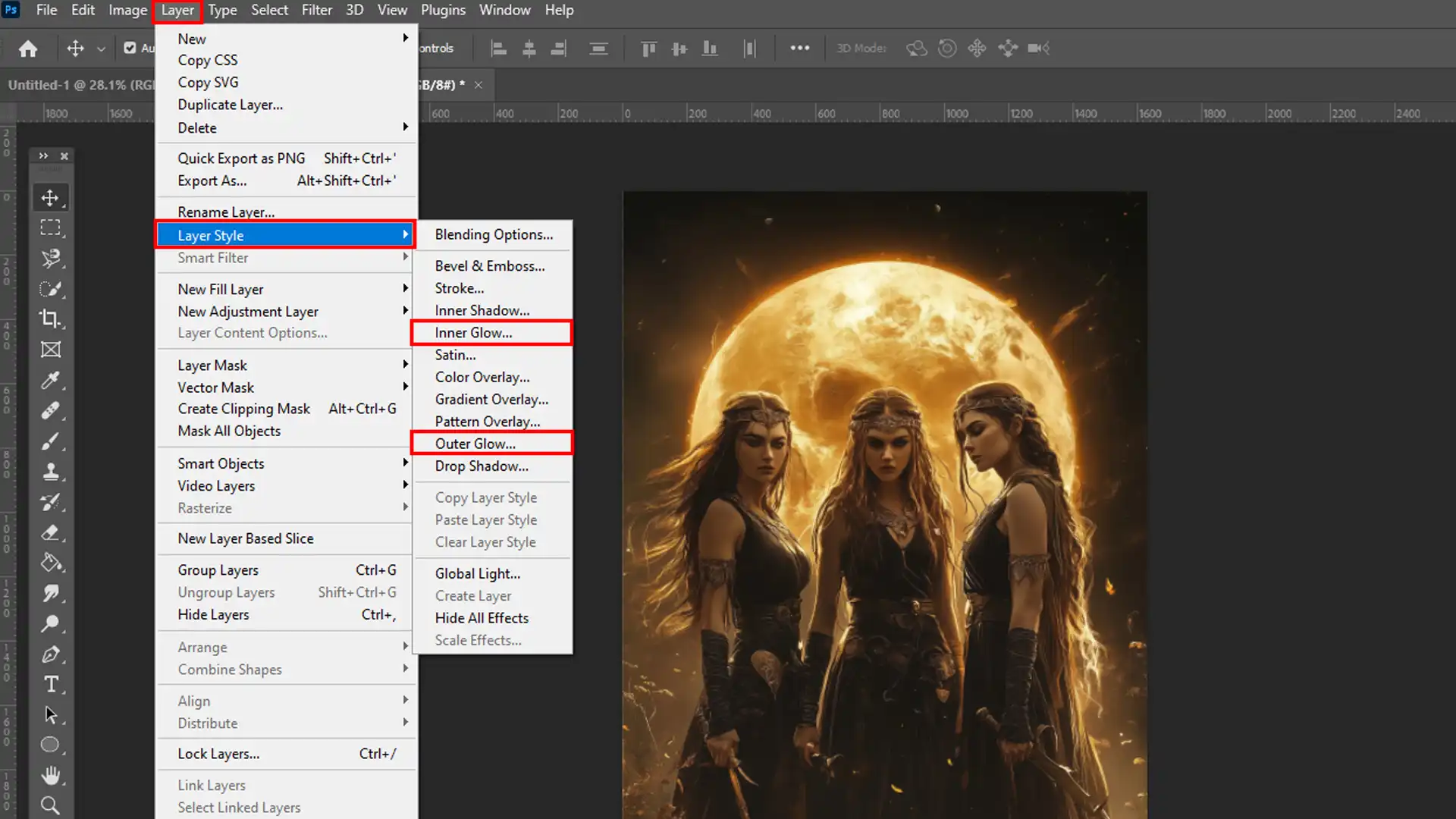 Photoshop interface showing the process of selecting 'Outer Glow' from the Layer Style menu to add glowing effects to an image.