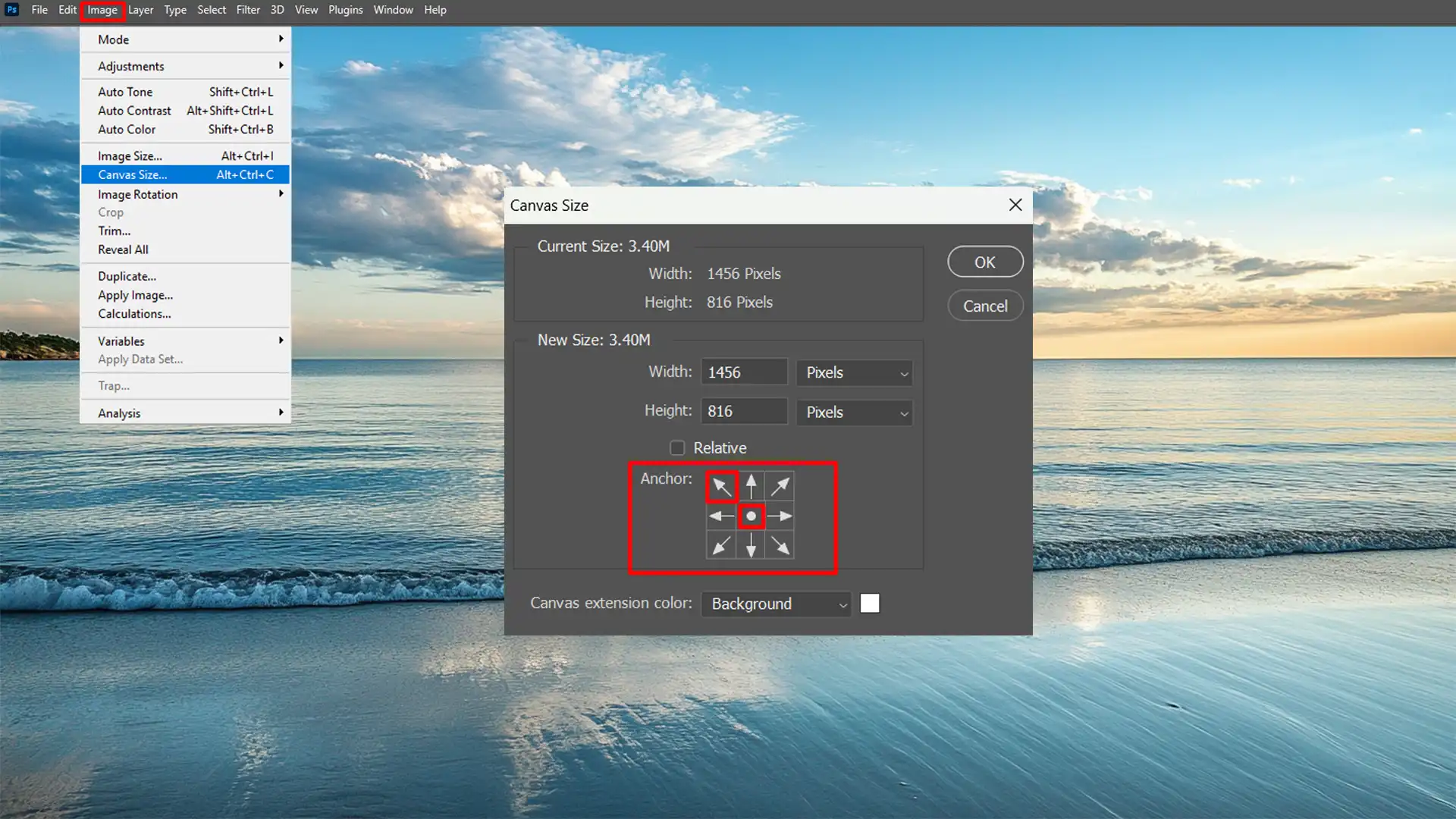 Setting the anchor point in the Canvas Size dialog box