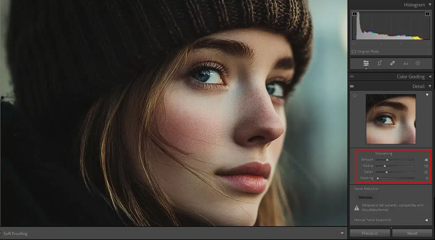 Close-up portrait of a woman in Adobe Lightroom with the sharpening tool highlighted. The interface shows adjustments to enhance the detail and clarity of the image, focusing on sharpening sliders.