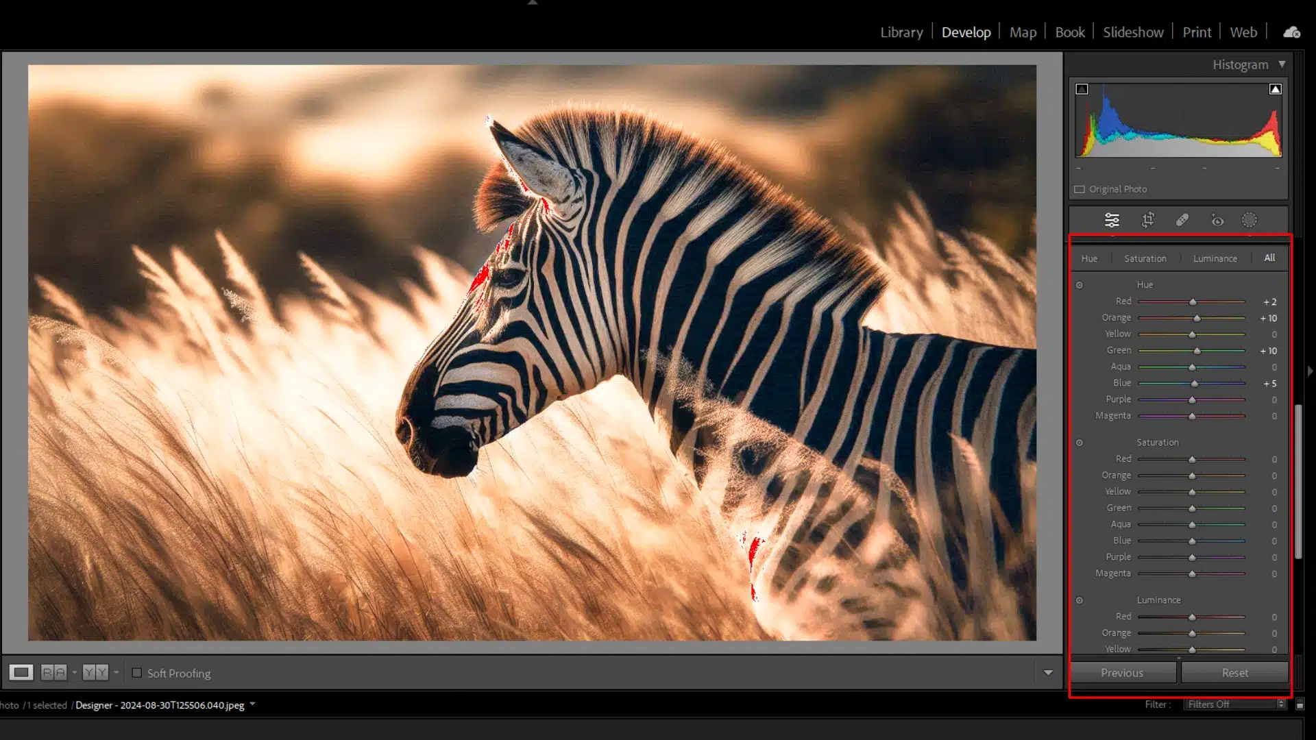 Zebra in Lightroom with adjustments to hue, saturation, and luminance to simplify the background and enhance the subject.