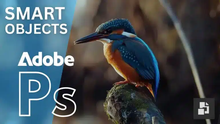 This image is showing Kingfisher perched on a branch with Smart Objects text and icon of it in the bottom right corner.