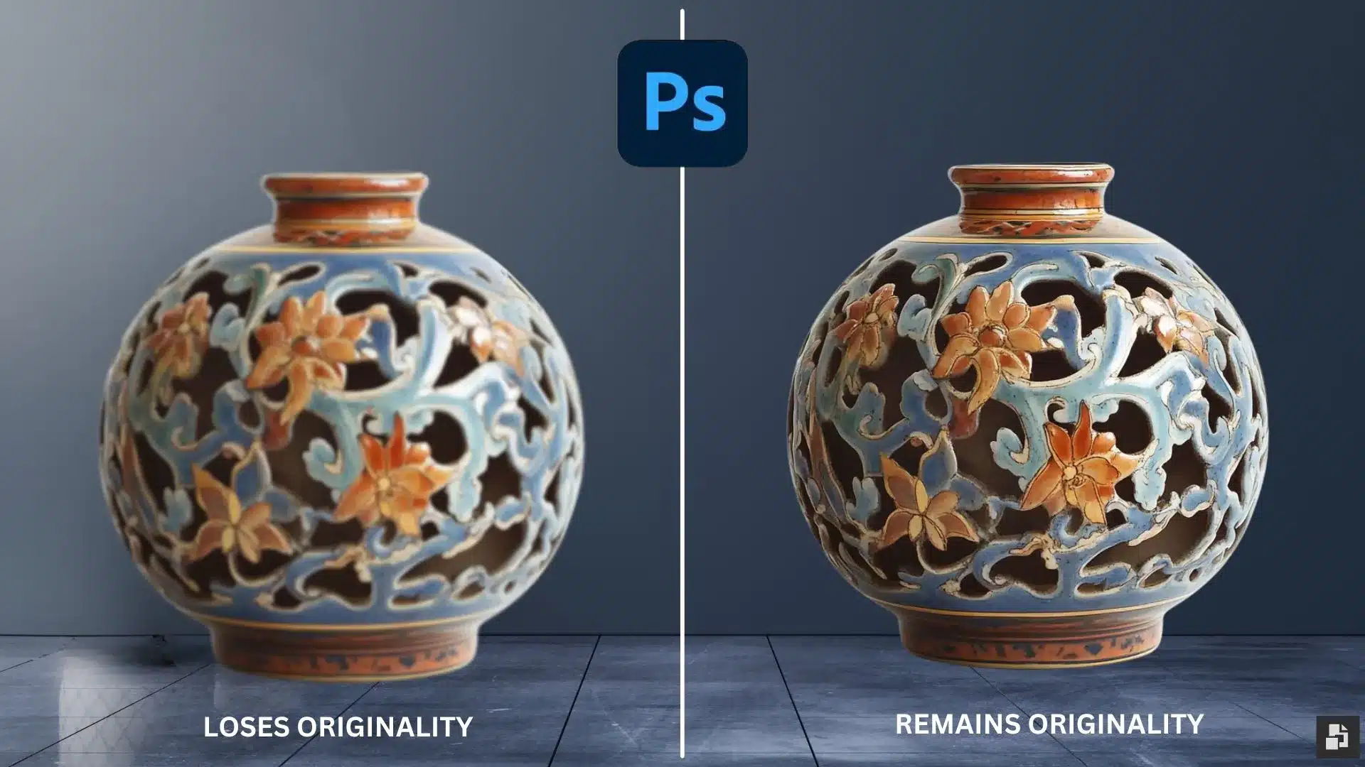 Comparison of a vase in Photoshop, showing 'Loses Originality' on the left and 'Remains Originality' on the right, demonstrating the effect of using Smart Objects.