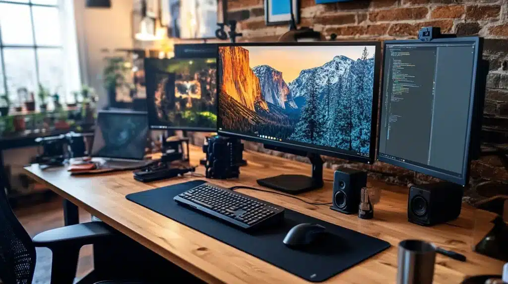 A well-organized photography and editing workspace featuring dual high-resolution monitors, a keyboard, and photography gear, showcasing a professional setup optimized for choosing the right Lightroom accessories.