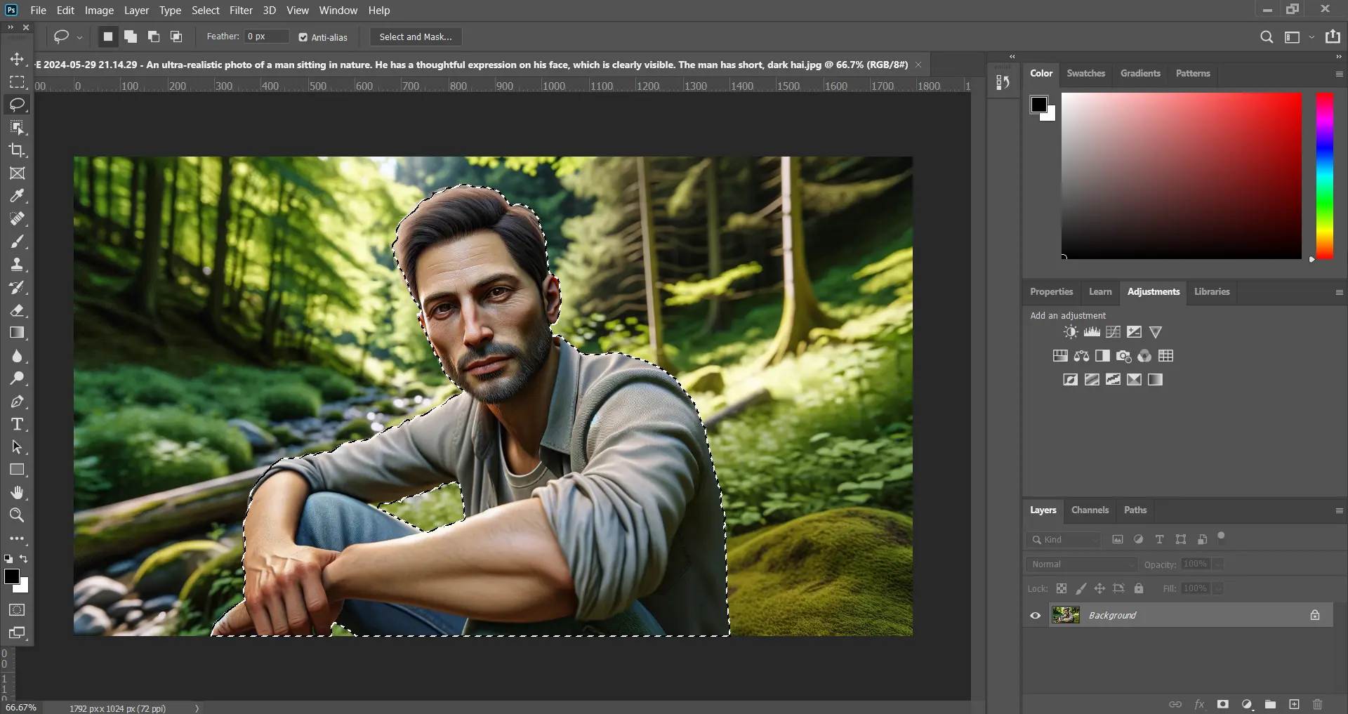 Photoshop interface showing an ultra-realistic portrait of a man in nature with the Lasso Tool activated.